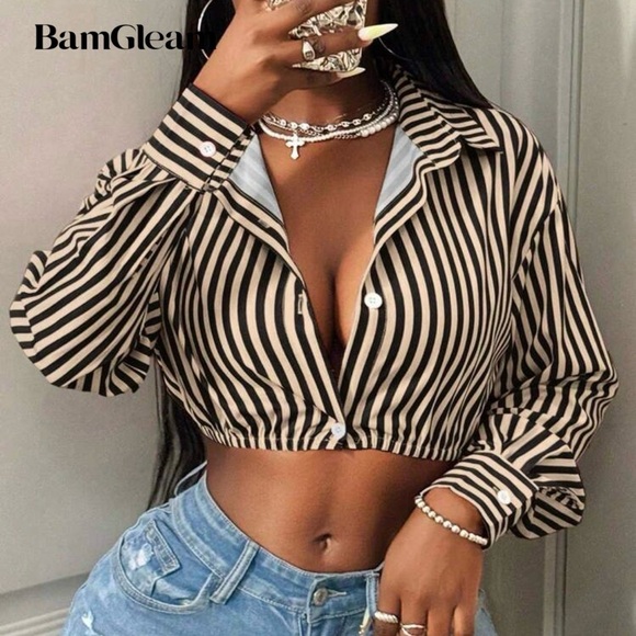 Tan w/ Black Stripes Crop Top - Picture 1 of 5